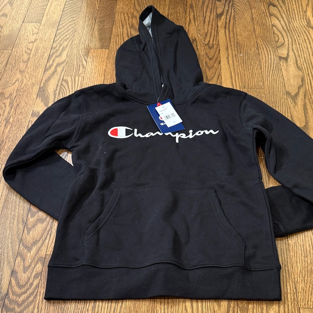 NWT Boys Champion Black Hoodie with White Script and Red Accent Size Medium
